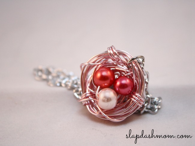 Copper Bird Nest Pendant with Simulated Pearl Eggs