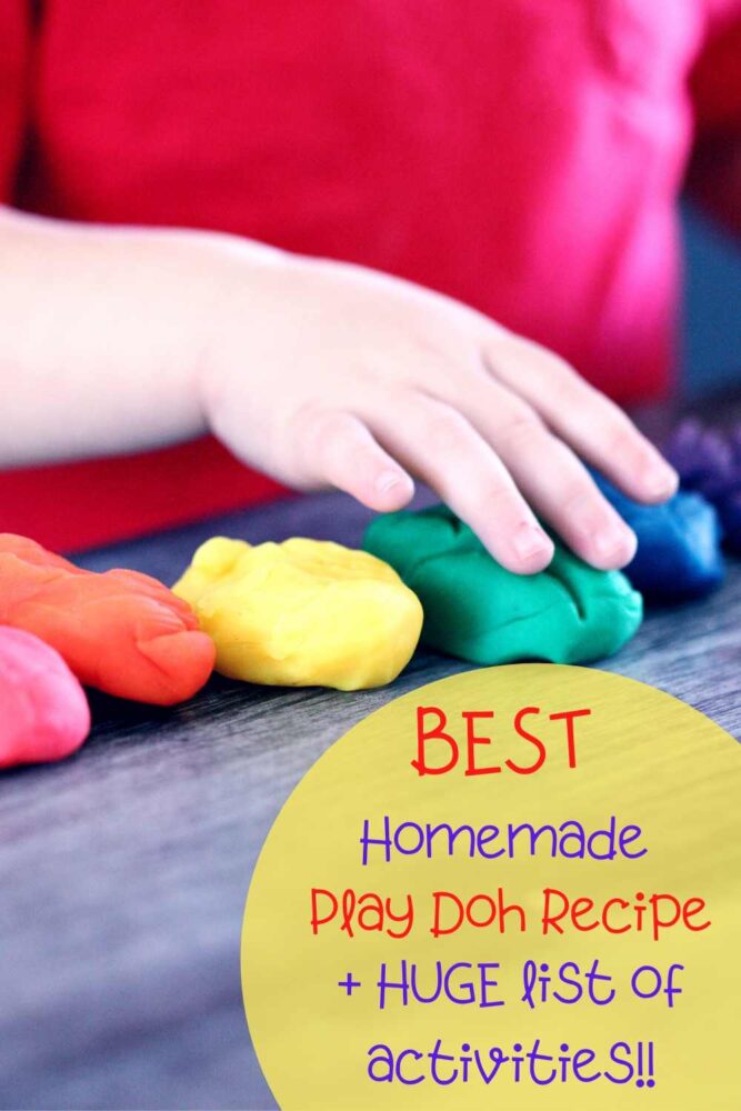 This homemade cooked play doh recipe is SO easy to make and fun to get the kids involved! Don't forget there is a WHOLE list on fun and educational activities to use your play doh with