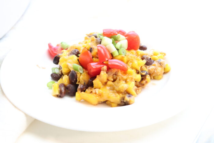 close up of weight watchers taco casserole in a white bowl 