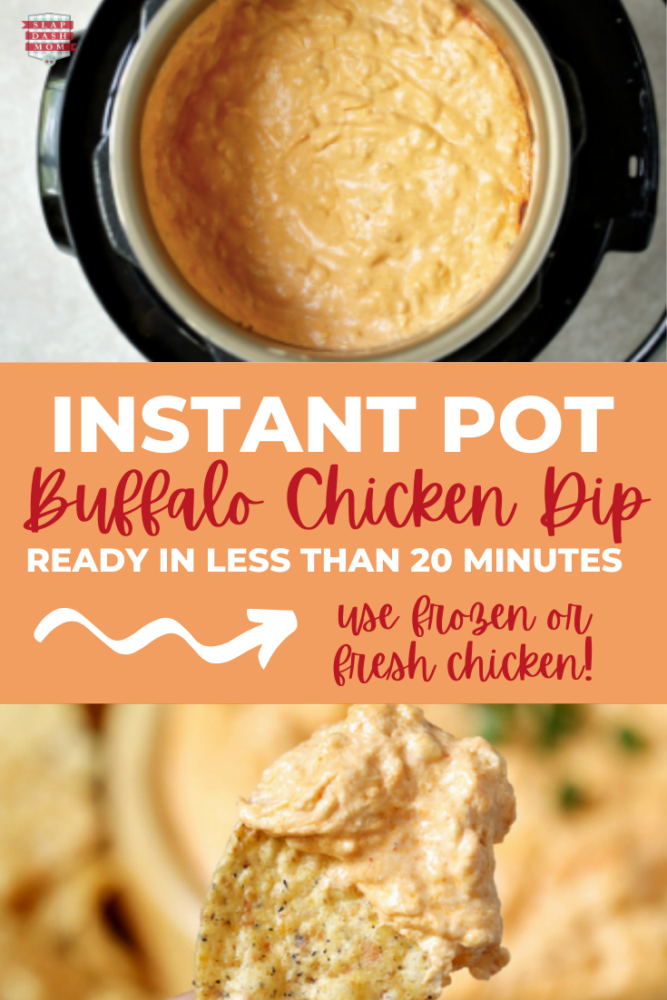 the top image is the top view of instant pot chicken dip with the bottom having dip on a chip with text overlay