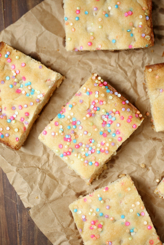 White chocolate cookie bars made with cake mix