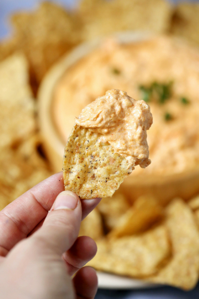 holding a tortilla chip with buffalo chicken dip on it.