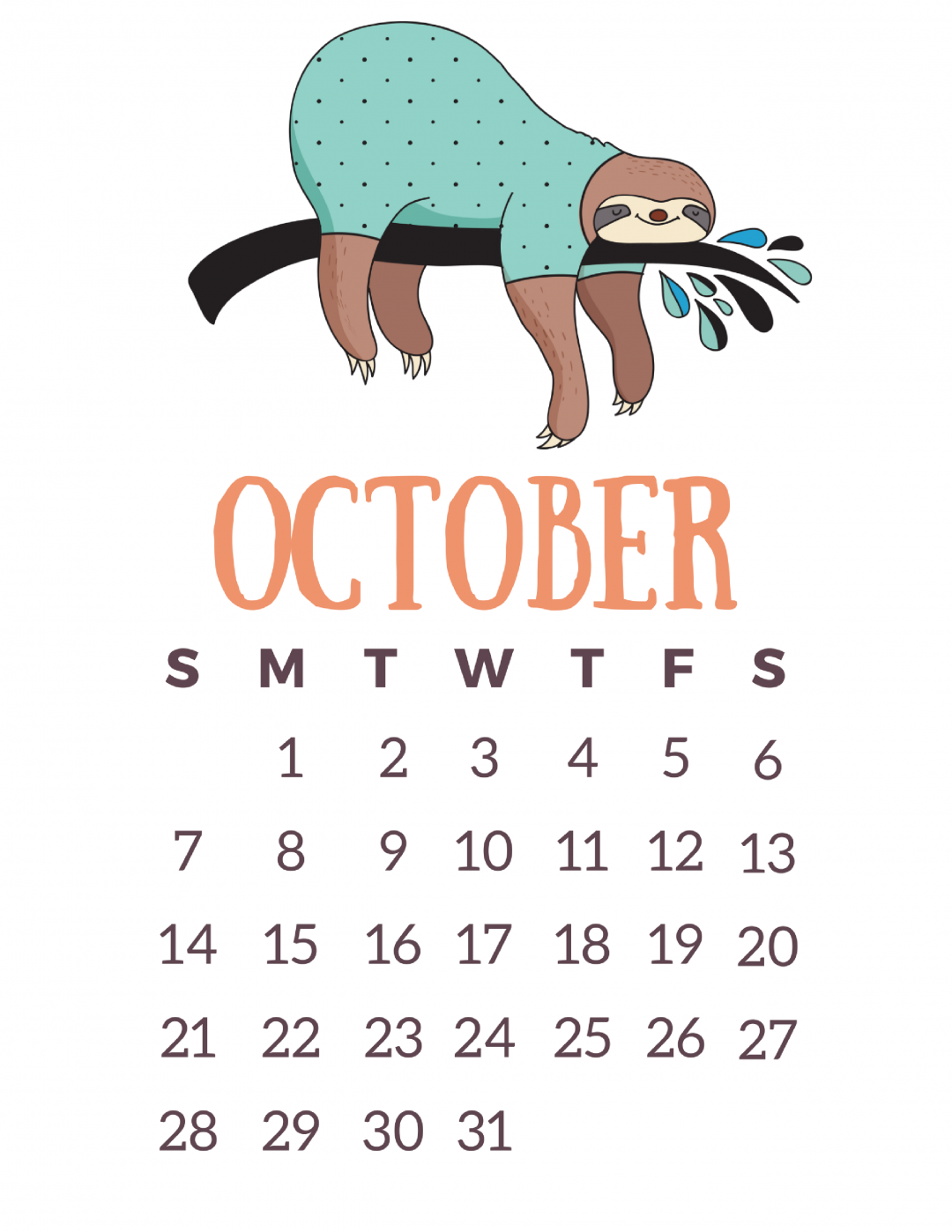 Free Printable 2018 Calendar Lazy Sloths! Slap Dash Mom