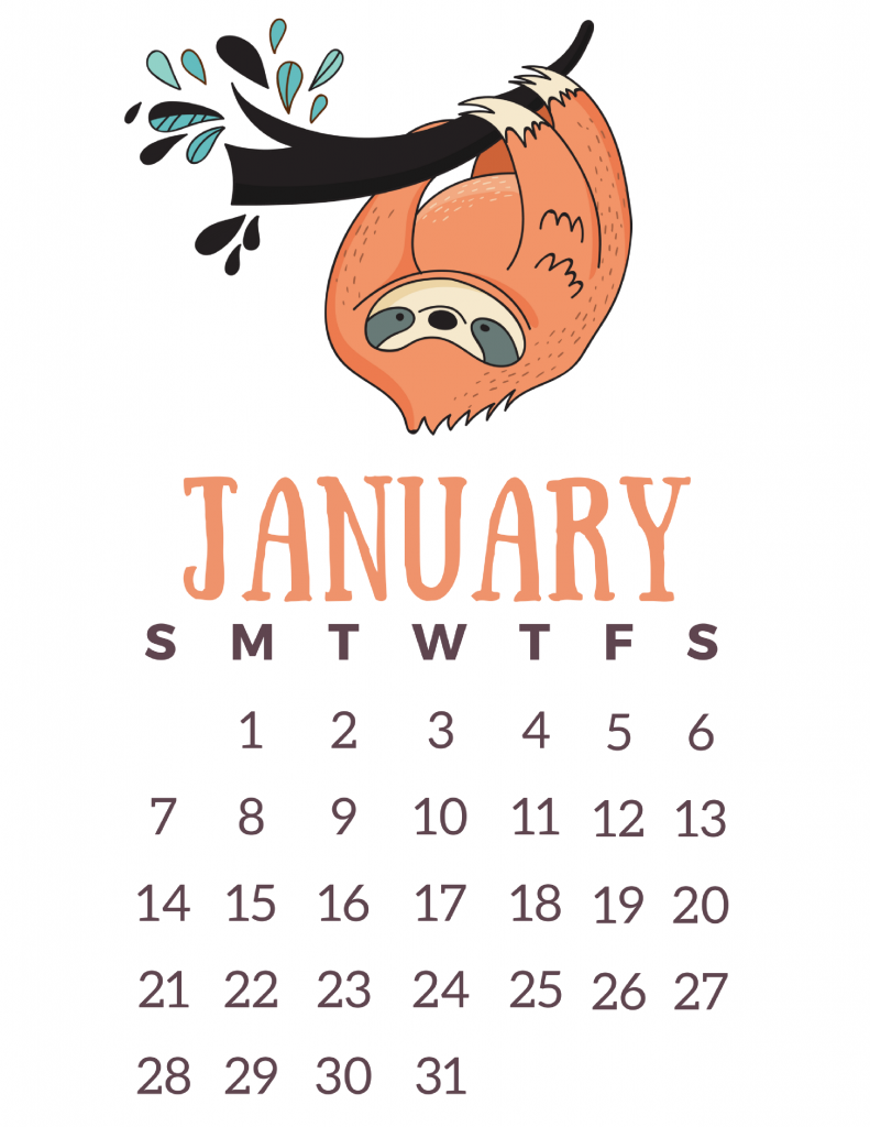Free Printable 2018 Calendar Lazy Sloths! Slap Dash Mom