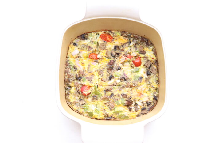 Breakfast casserole after it has been baked in dish