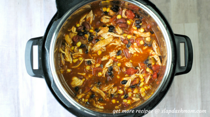 instant pot chicken taco soup top view still in the pot