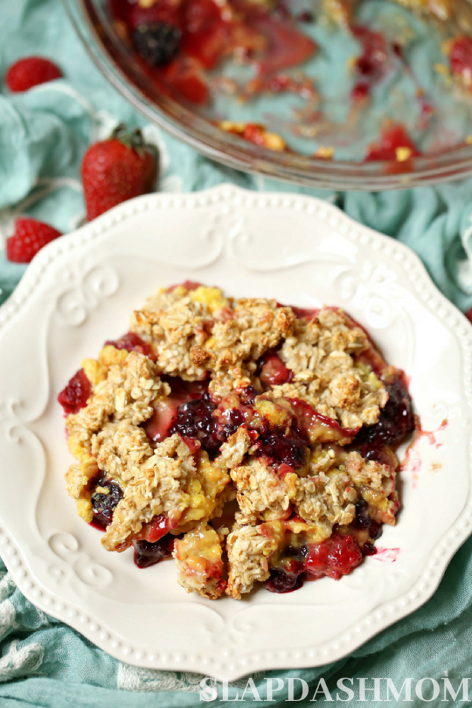 top view of berry crisp in a bowl