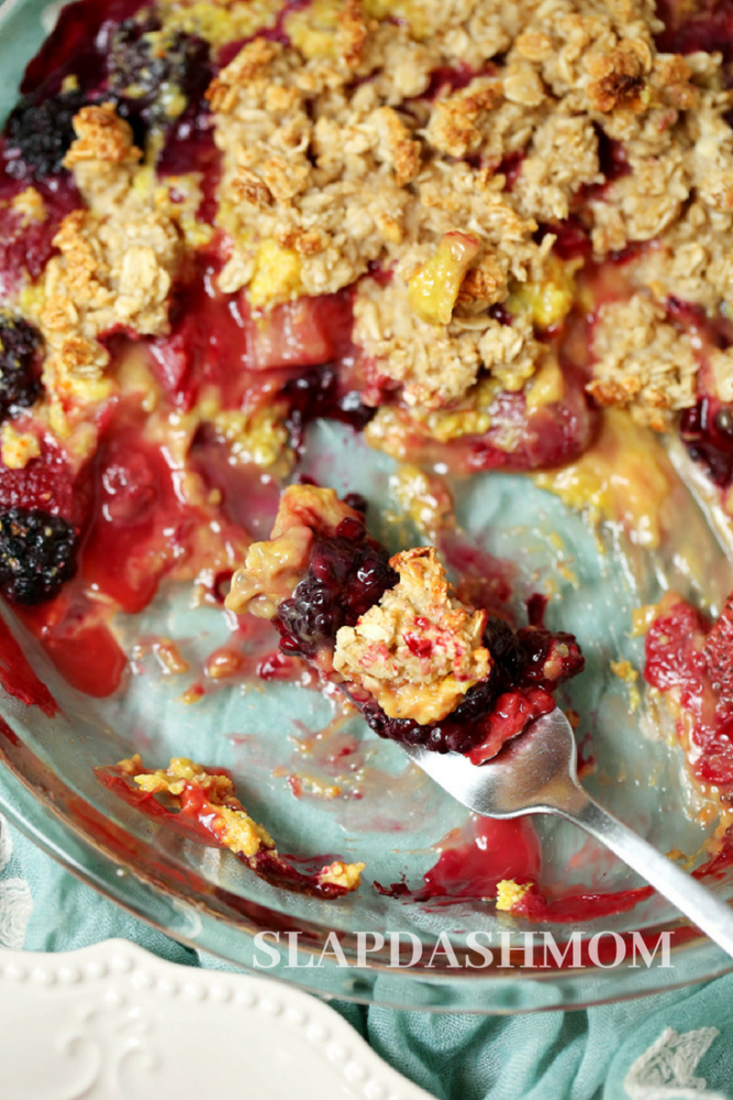Berry crisp with a bite on the fork 