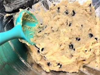 Chocolate chip cookie dough in a bowl