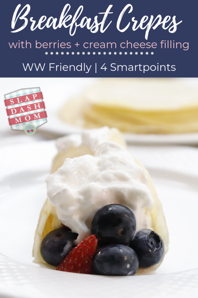 Who says you can't have crepes for breakfast and be on Weight Watchers? Try these easy delicious breakfast crepes with berries and a cream cheese filling! ONLY 4 Smartpoints if you are following Weight Watchers! #ww #breakfast # breakfastcrepes #crepes