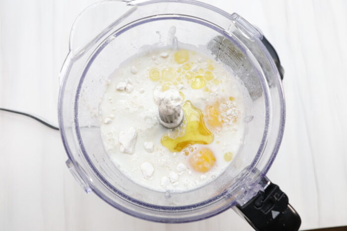 Ingredients for breakfast crepes in a blender