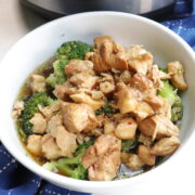 IP Teriyaki Chicken in a white bowl, close up