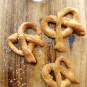 3 air fried pretzels on cutting board