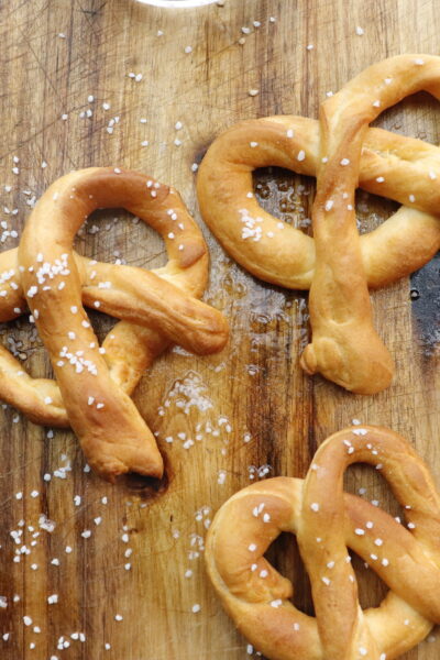 3 air fried pretzels on cutting board