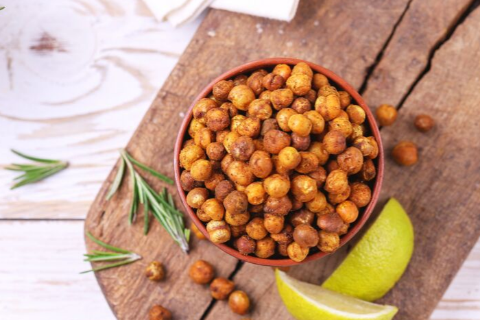 roasted chickpeas next to lemon