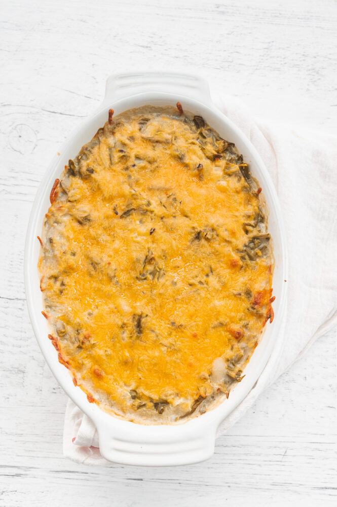 cheesy green bean casserole after cooking 