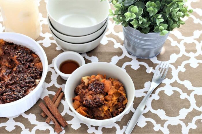 Instant pot thanksgiving sweet potato apple crisp in white bowl 