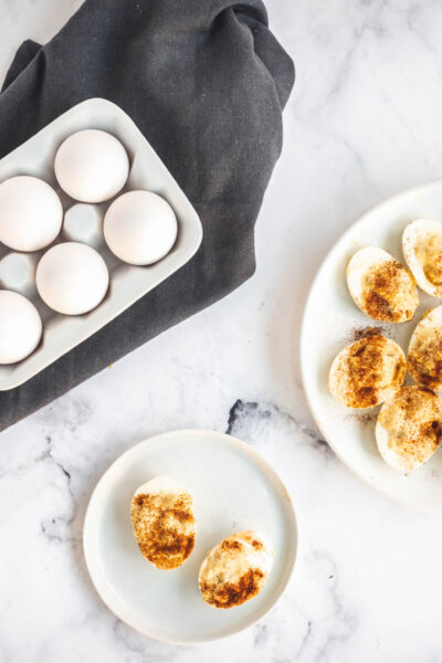 top view of instant pot deviled eggs with relish