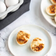 close up of instant pot deviled eggs with relish