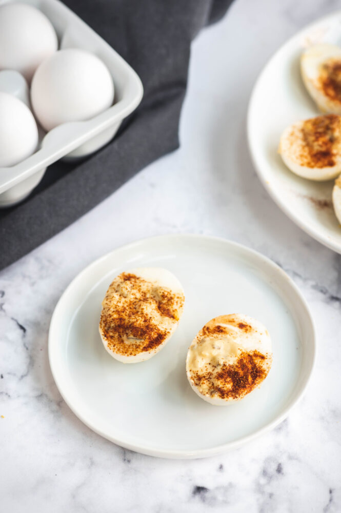 close up of instant pot deviled eggs with relish