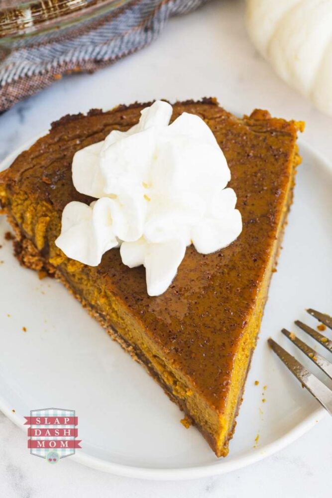 close up of pumpkin pie with coconut milk with whipped topping