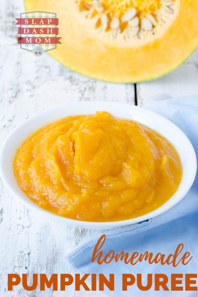 close up of homemade pumpkin puree in a white bowl with text overlay