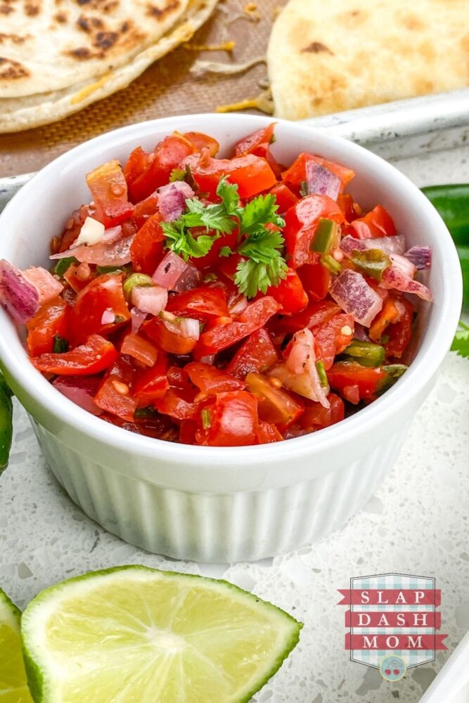 homemade pico de gallo without jalapeños in white ramekin