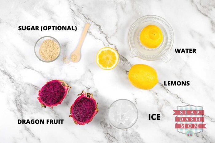 ingredients labeled to make dragon fruit lemonade