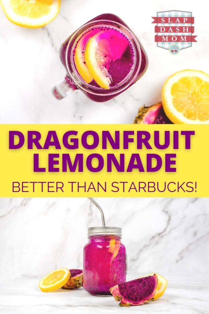 top shot of dragon fruit lemonade along with a side shot with text overlay