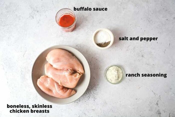ingredients labeled to make buffalo chicken in the Instant Pot