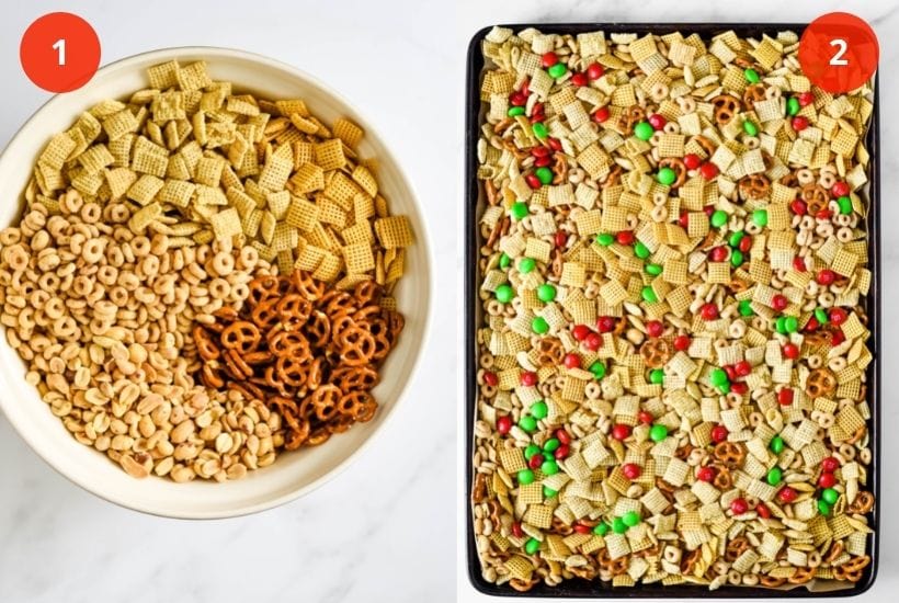 two image collage showing the chex mix in a bowl then on a baking sheet topped with m&ms